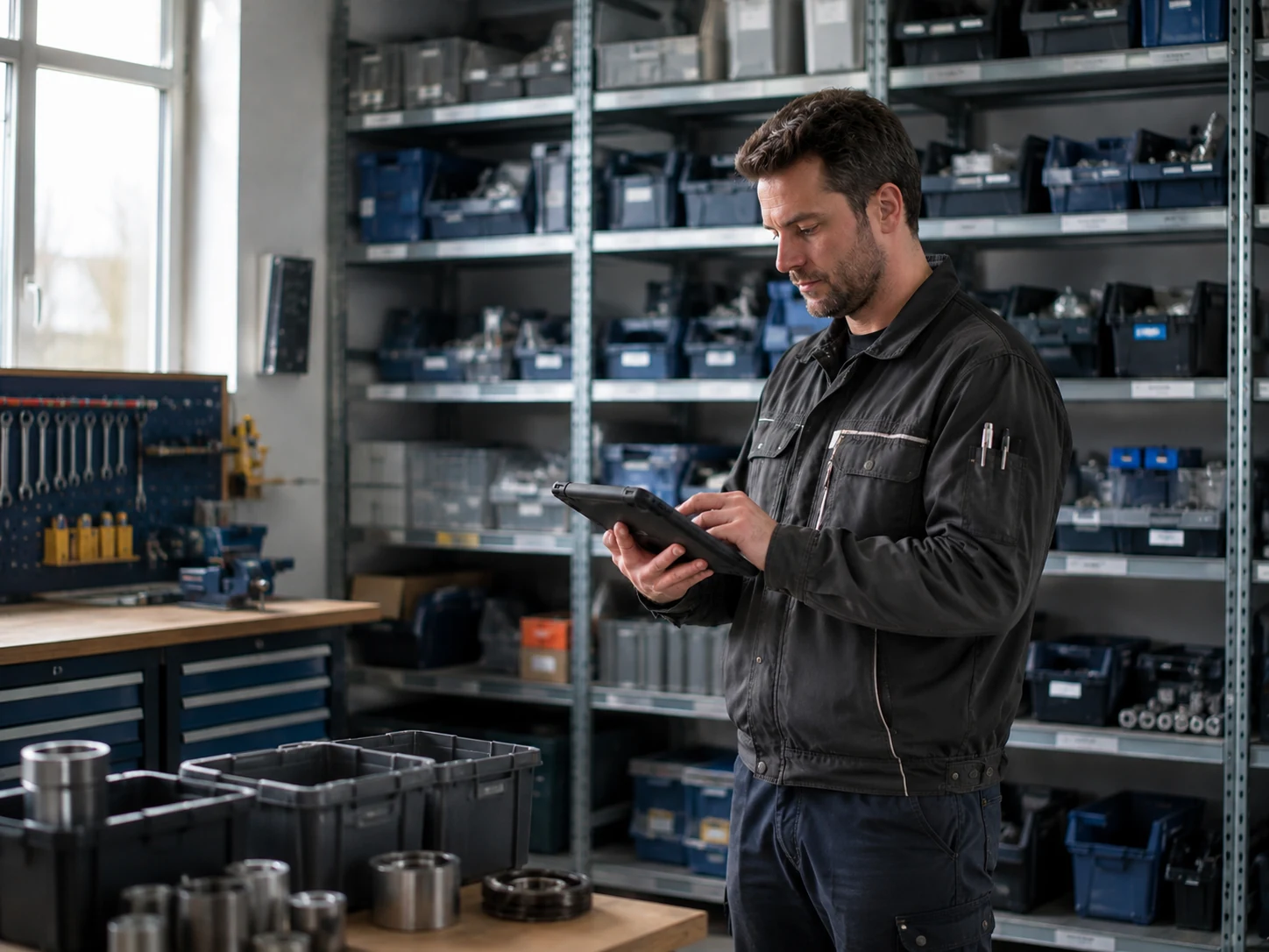 Mitarbeiter in der Werkstatt prüft Werkzeuge und Betriebsmittel im Regal mit einem Tablet