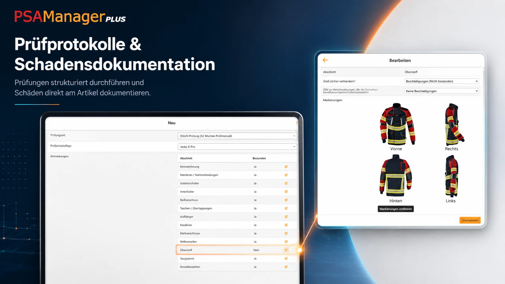 PSA Manager Plus Prüfprotokolle und Schadensdokumentation – echte Prüfansicht mit hervorgehobener Schadensmarkierung an einer Feuerwehrjacke