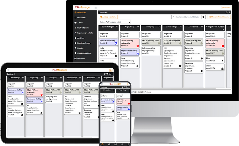 Echte Softwareansicht: PSA Manager Auftragsübersicht auf Desktop, Tablet und Smartphone
