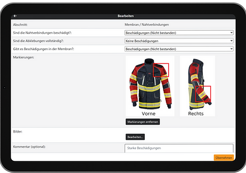 Echte Softwareansicht: Prüfprotokoll mit Schadensmarkierung an einer Feuerwehr-Jacke in PSA Manager