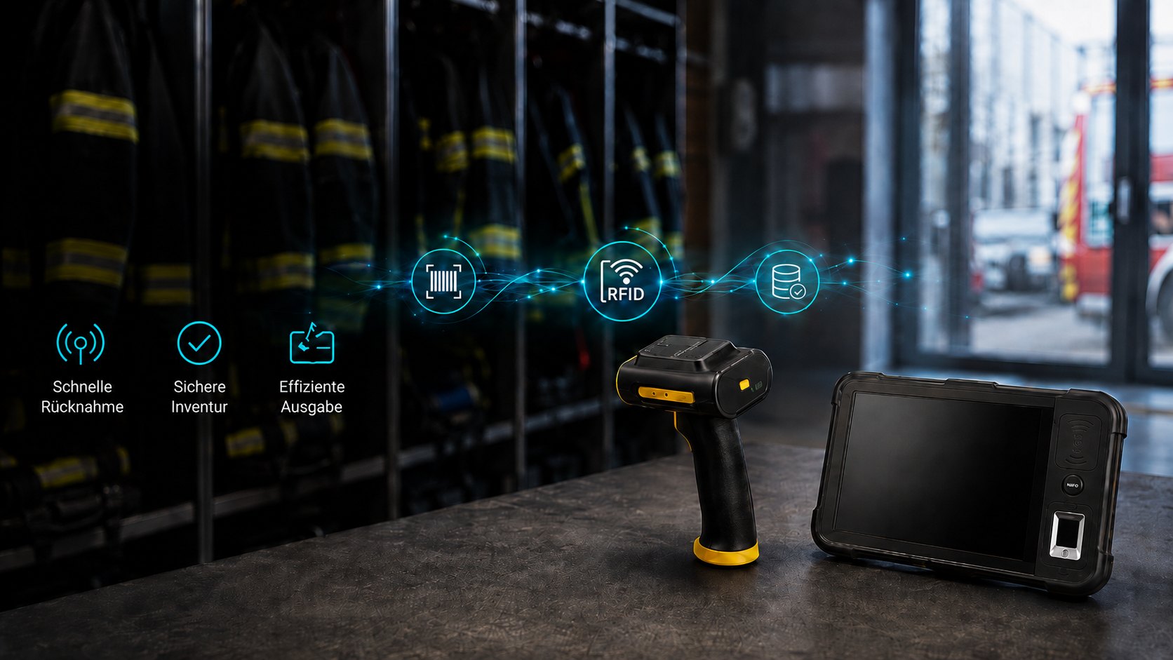 Mobiler RFID-Handscanner und robustes RFID-Tablet auf einem Tisch