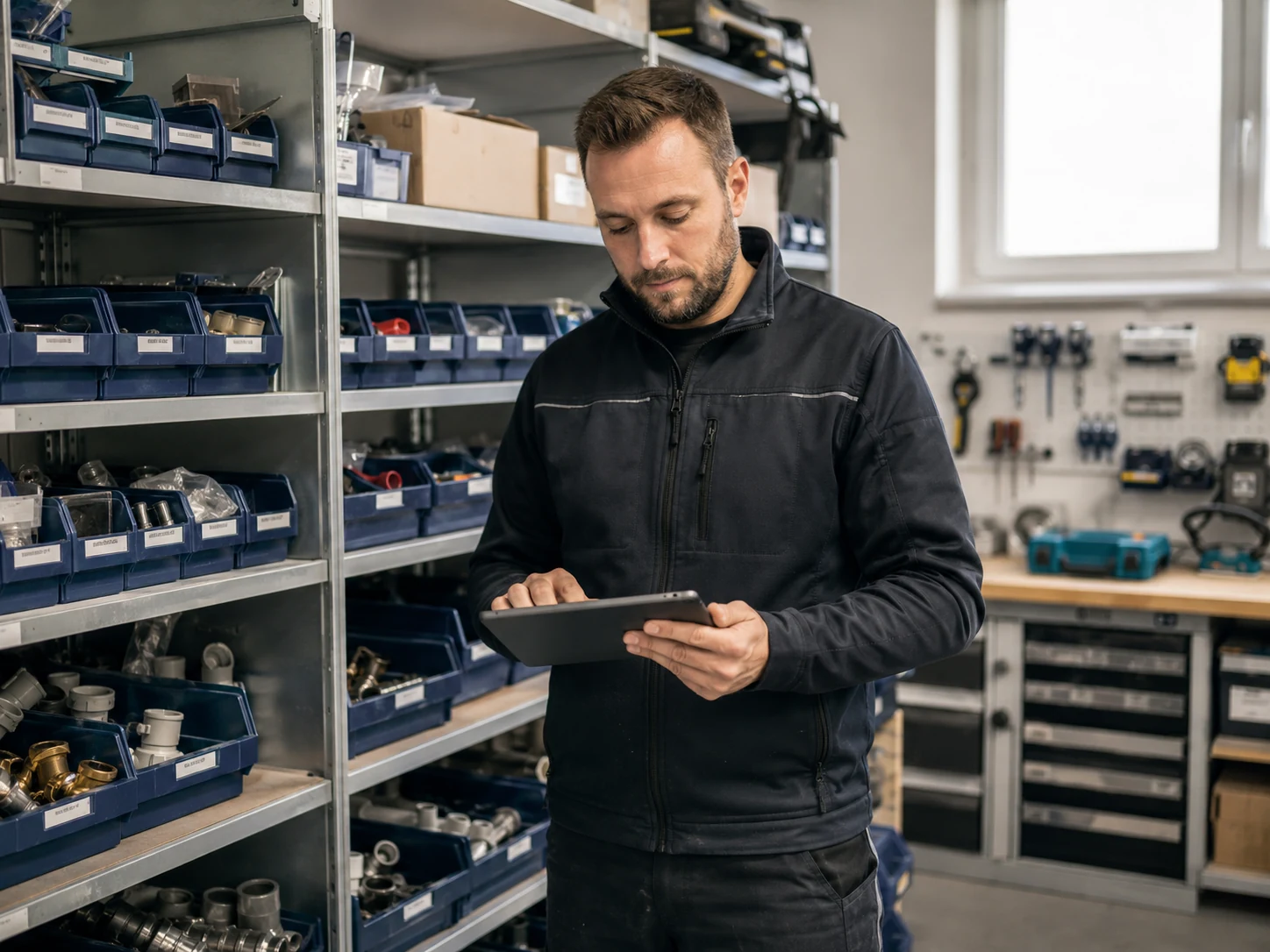 Mitarbeiter im Handwerksbetrieb erfasst Bestände im Ersatzteillager mit einem Tablet